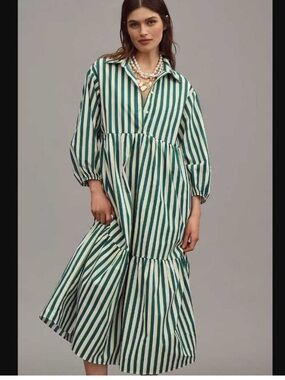 Anthropologie Maeve Bettina Green and White Striped Women's Dress